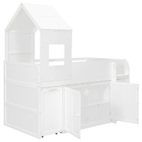 Twin Size Wooden Loft Bed With Desk, Drawers and Cabinets
