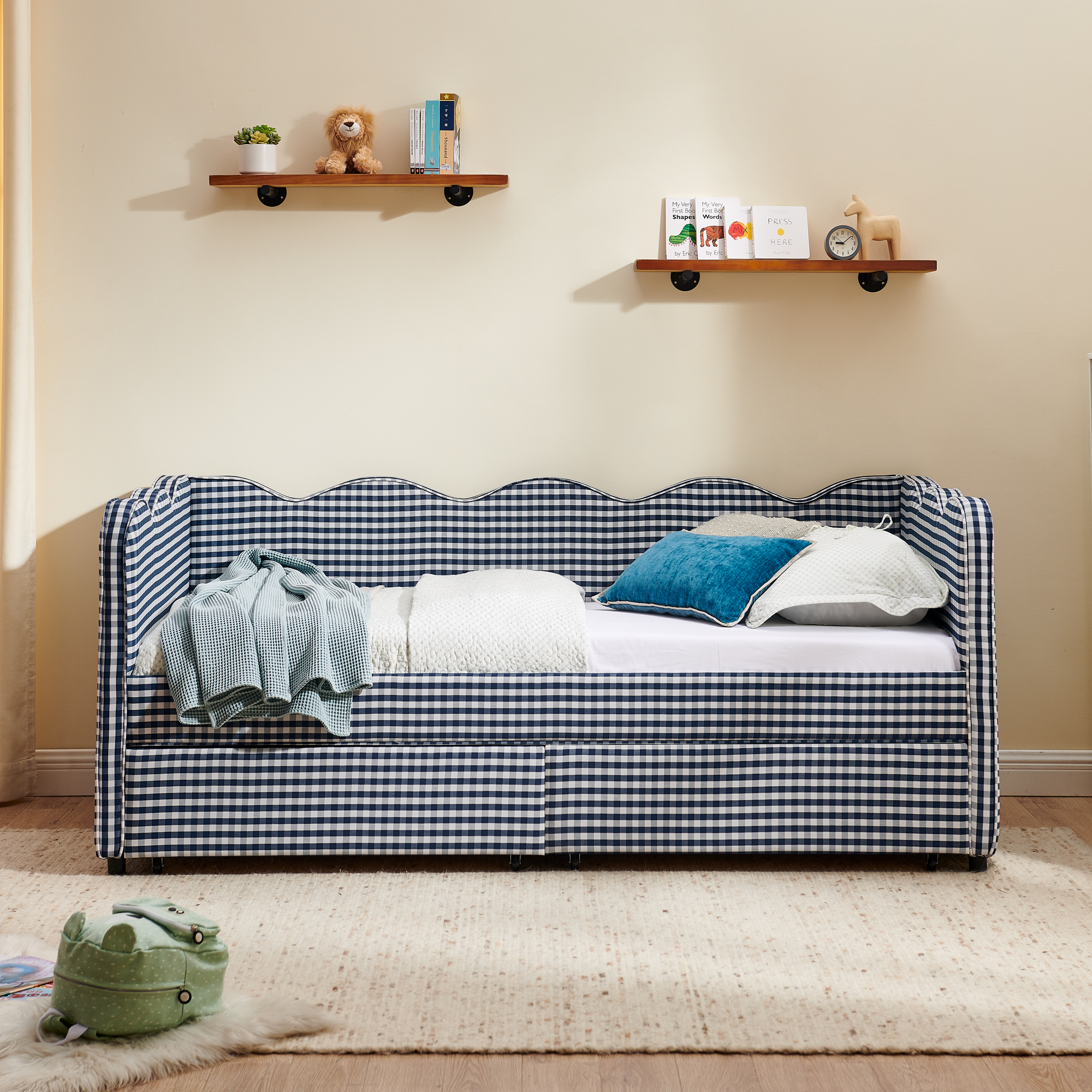 Twin Size Daybed With Two Storage Drawers, USB Port And Adorable Wave Shaped 5 Twin Size Daybed With Two Storage Drawers, USB Port And Adorable Wave Shaped