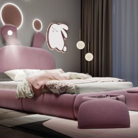 Full Size Platform Bed with Cartoon Ears Shaped Headboard and Light