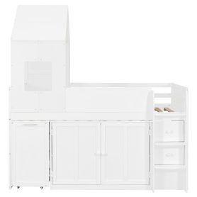 Twin Size Wooden Loft Bed With Desk, Drawers and Cabinets