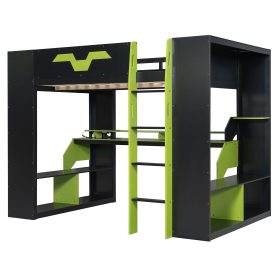 Full Size Wood Loft Bed with Power Outlet & USB/Type-C Ports, Integrated Cable Management, and RGB Light