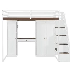 Full Size Loft Bed With Storage Staircase, Built-in Dressing Table, Wardrobe & Cabinets, USB Charging Ports And Lights