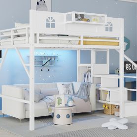 Metal Full Size Loft Bed with High and House Shaped Guardrails 24 Metal Full Size Loft Bed with High and House Shaped Guardrails