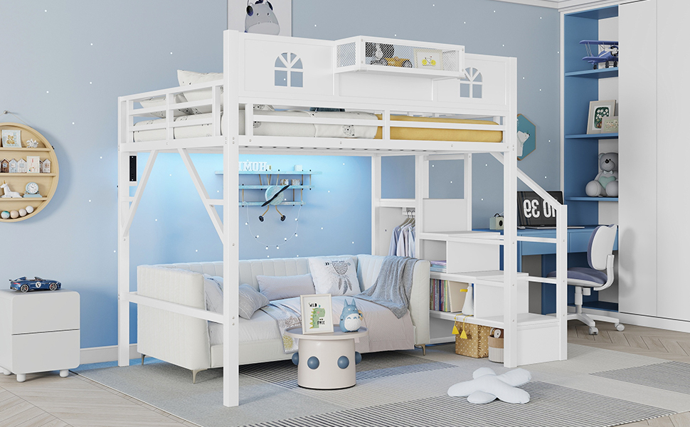 Metal Full Size Loft Bed with High and House Shaped Guardrails 8 Metal Full Size Loft Bed with High and House Shaped Guardrails