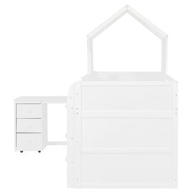 Twin Size Wooden Loft Bed With Desk, Drawers and Cabinets