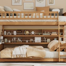 Full XL over Queen Bunk Bed with Integrated Shelving, Color-Changing Lights and Pegboard