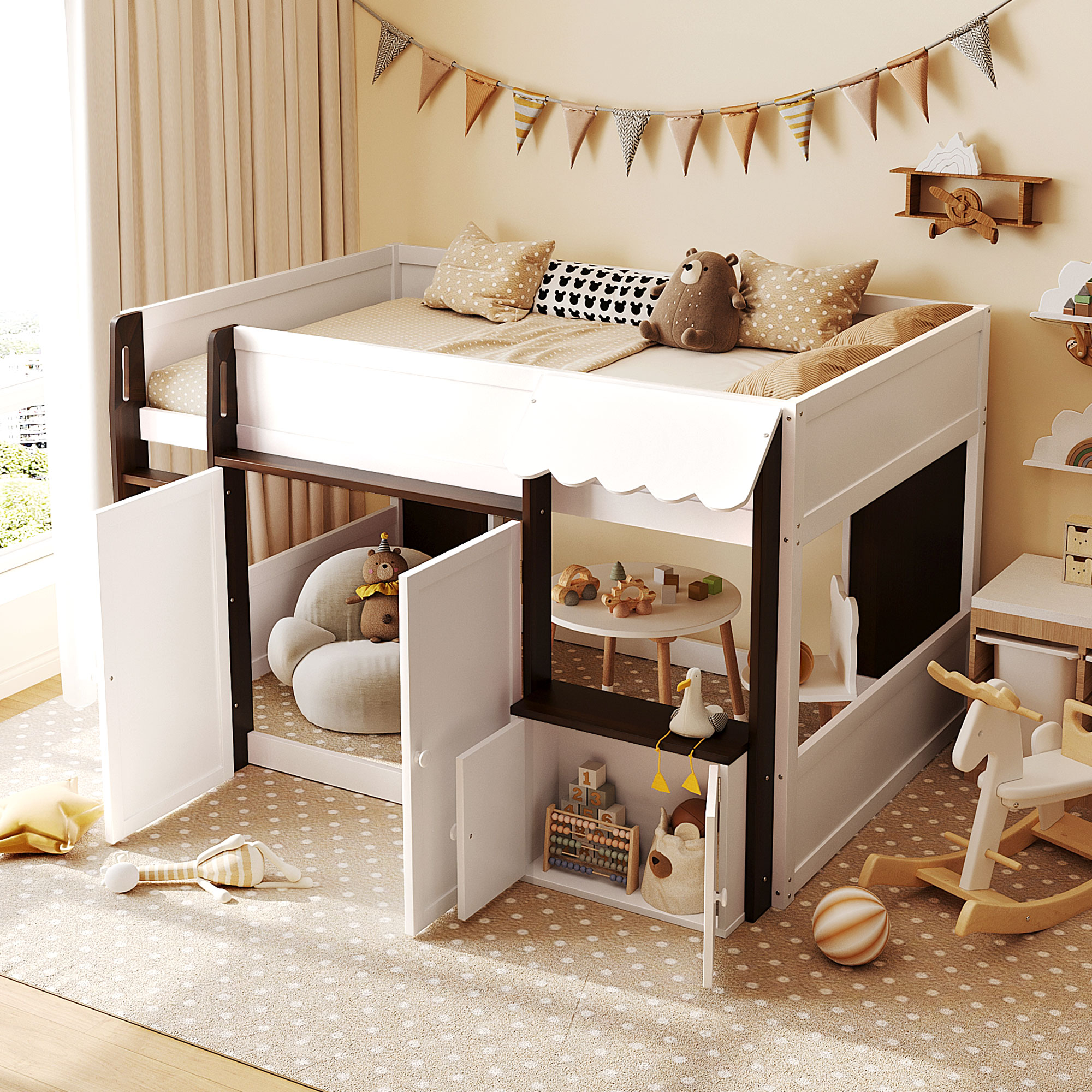 Full Loft House Bed with Playhouse & Storage