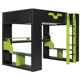 Full Size Wood Loft Bed with Power Outlet & USB/Type-C Ports, Integrated Cable Management, and RGB Light