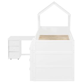 Twin Size Wooden Loft Bed With Desk, Drawers and Cabinets