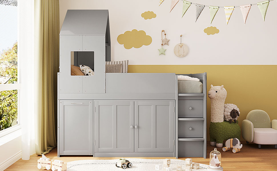 Twin Size Wooden Loft Bed With Desk, Drawers and Cabinets