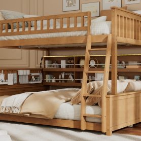 Full XL over Queen Bunk Bed with Integrated Shelving, Color-Changing Lights and Pegboard