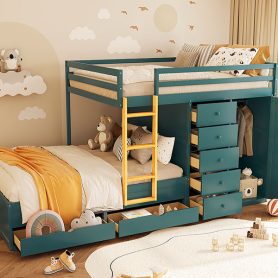 Full Size Bunk Bed With 2 Large Drawers, 5 Small Drawers and Small Wardrobe