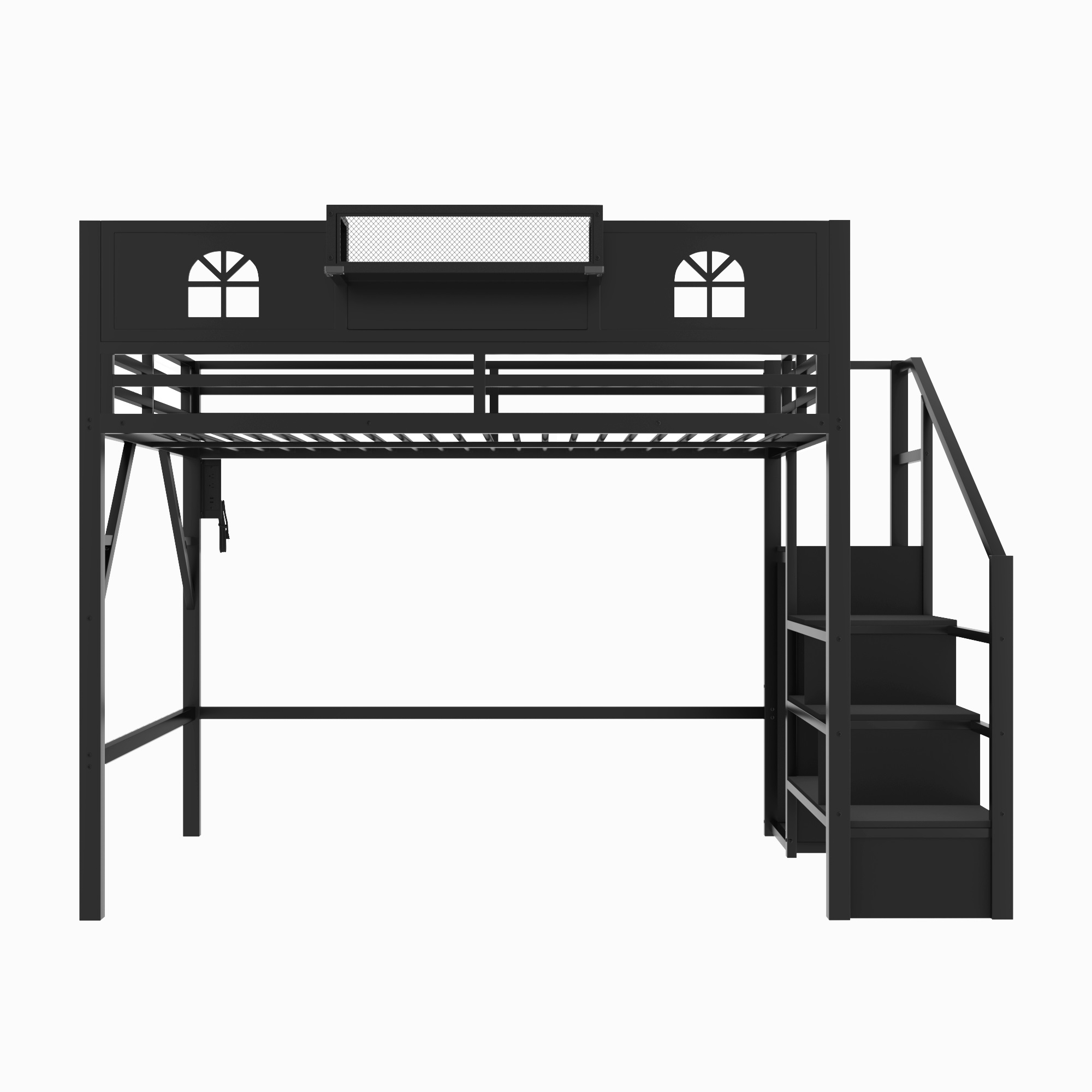 Metal Queen Size Loft Bed with High and House Shaped Guardrails 15 Metal Queen Size Loft Bed with High and House Shaped Guardrails