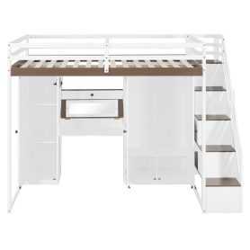 Full Size Loft Bed With Storage Staircase, Built-in Dressing Table, Wardrobe & Cabinets, USB Charging Ports And Lights