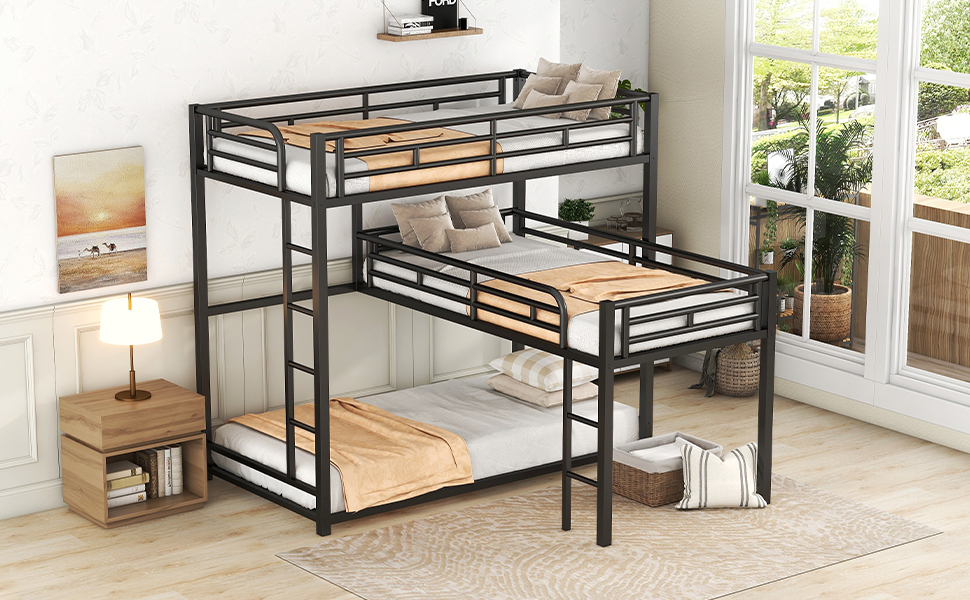 L-Shaped Metal Triple Twin Size Bunk Bed