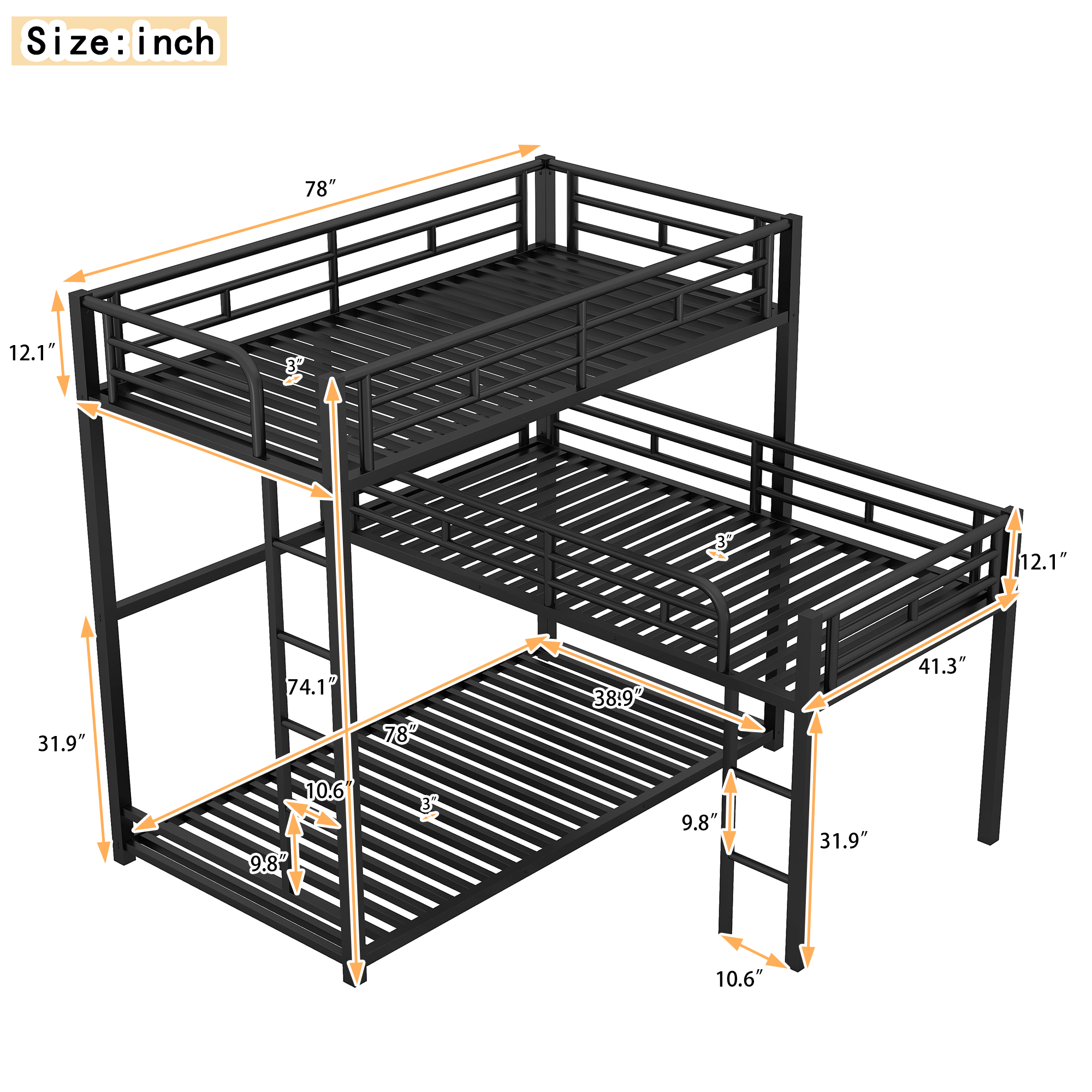 L-Shaped Metal Triple Twin Size Bunk Bed