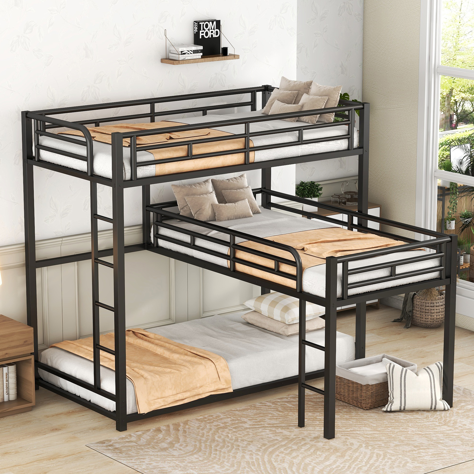 L-Shaped Metal Triple Twin Size Bunk Bed