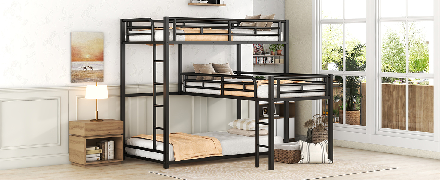 L-Shaped Metal Triple Twin Size Bunk Bed