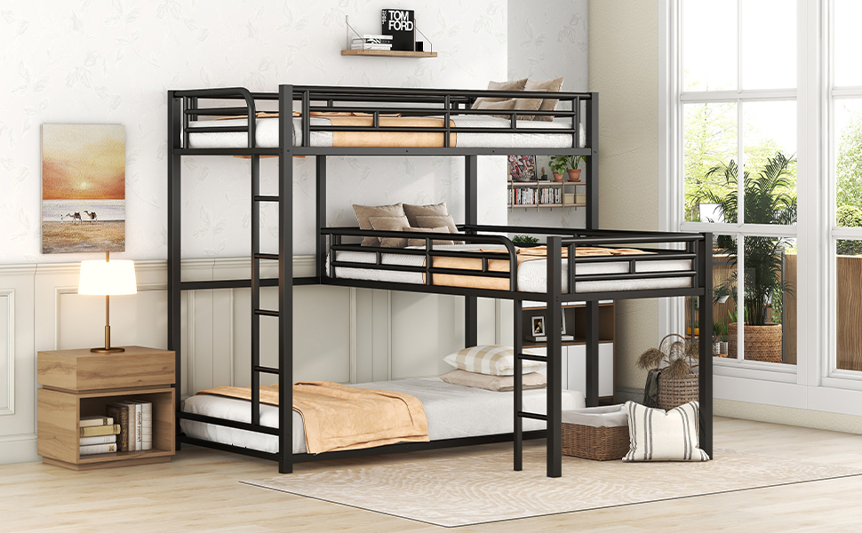 L-Shaped Metal Triple Twin Size Bunk Bed