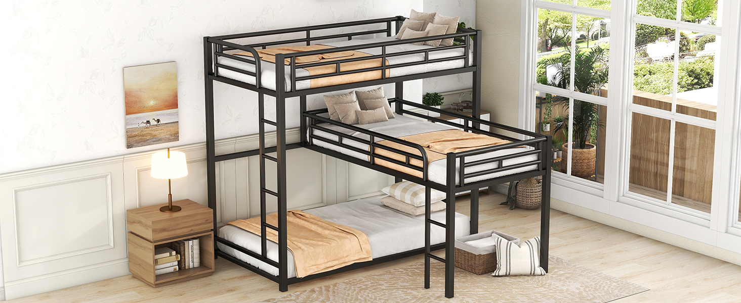 L-Shaped Metal Triple Twin Size Bunk Bed