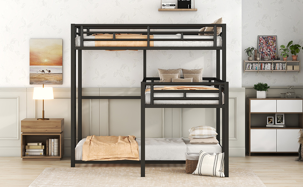 L-Shaped Metal Triple Twin Size Bunk Bed
