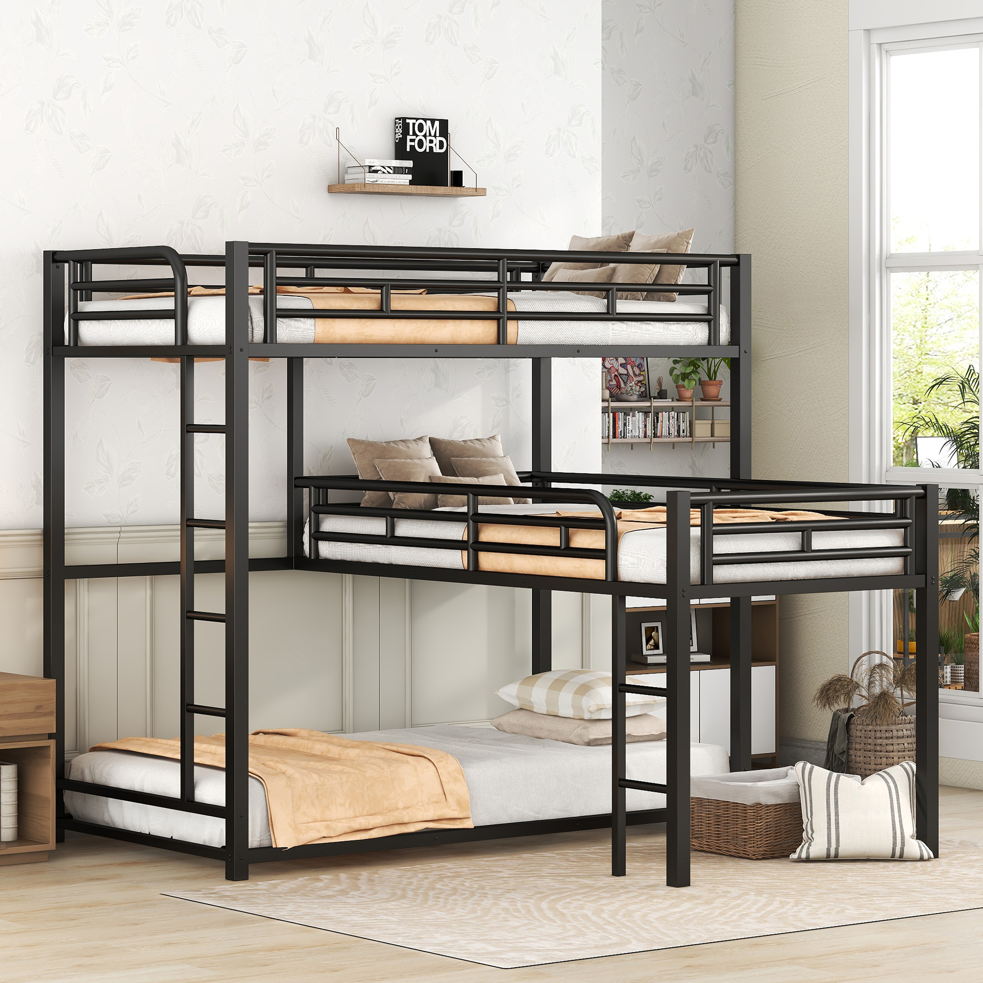 L-Shaped Metal Triple Twin Size Bunk Bed