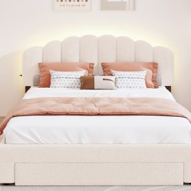 Teddy Fleece Queen Size Upholstered Platform Bed with Drawer