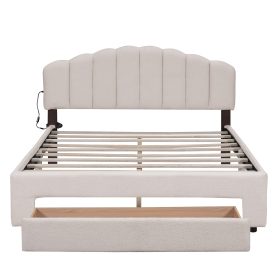 Teddy Fleece Queen Size Upholstered Platform Bed with Drawer