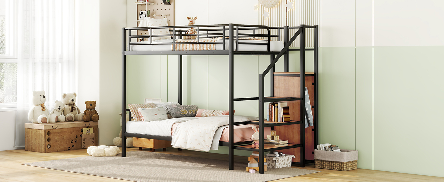 Metal Twin Over Twin Bunk Bed With Lateral Storage Ladder And Wardrobe 15 Metal Twin Over Twin Bunk Bed With Lateral Storage Ladder And Wardrobe