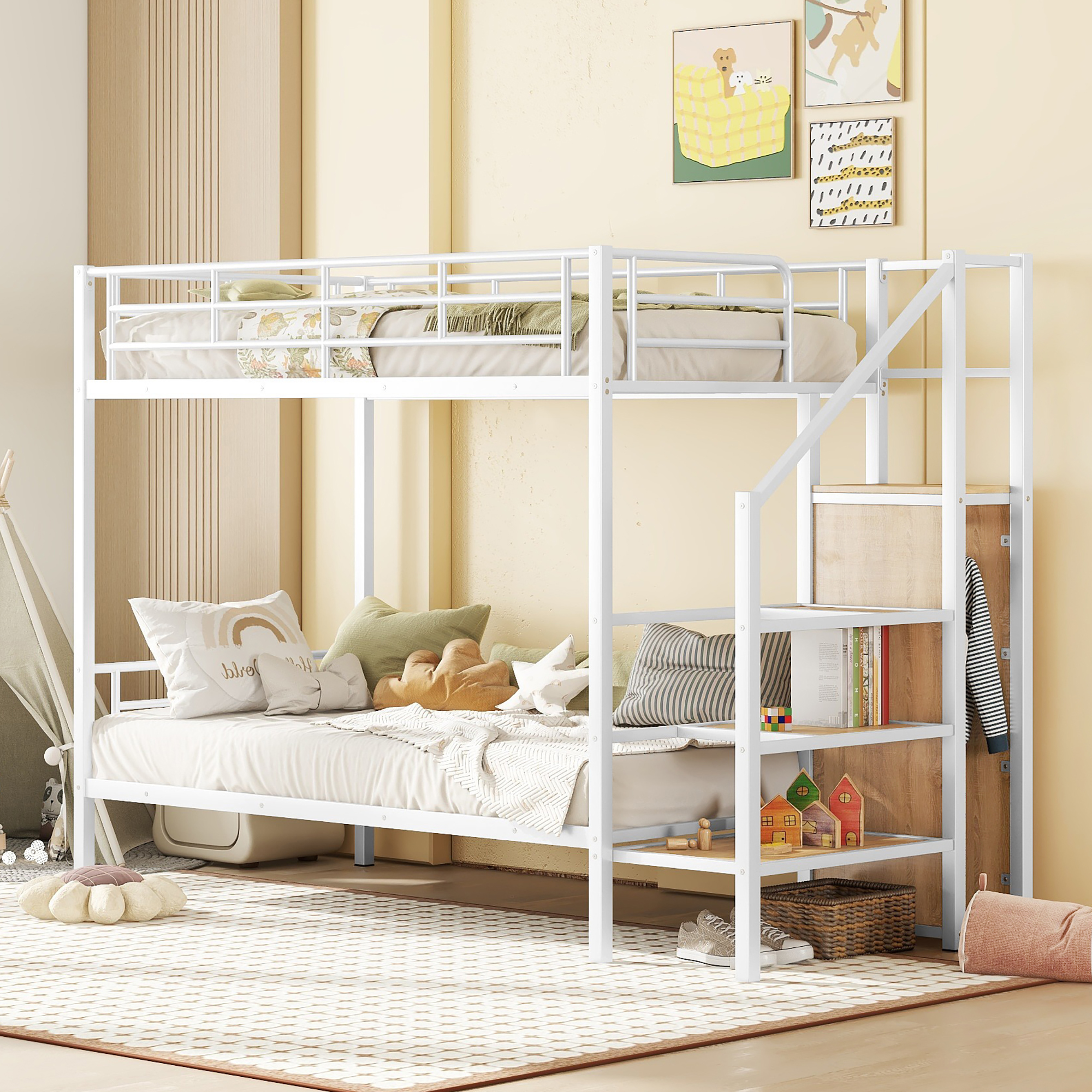 Metal Twin Over Twin Bunk Bed With Lateral Storage Ladder And Wardrobe