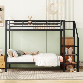 Metal Twin Over Twin Bunk Bed With Lateral Storage Ladder And Wardrobe