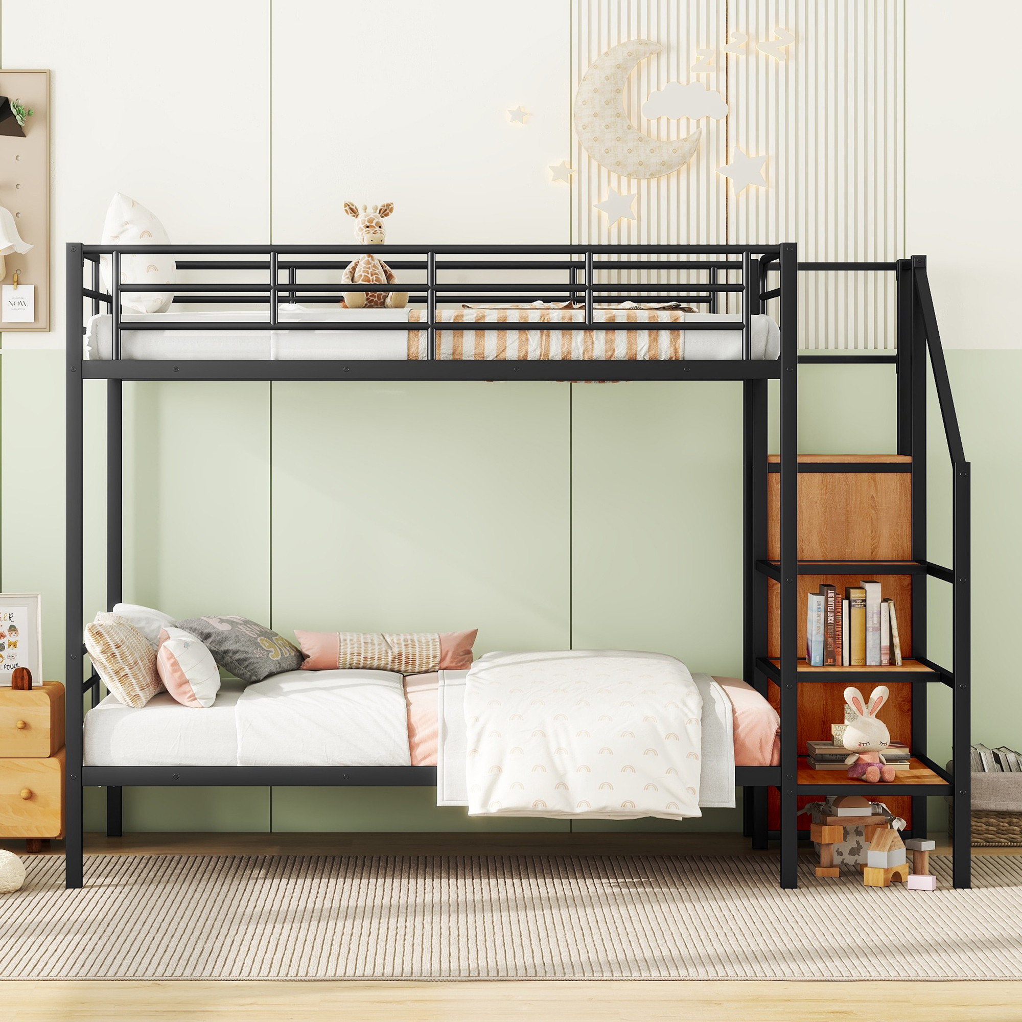 Metal Twin Over Twin Bunk Bed With Lateral Storage Ladder And Wardrobe 3 Metal Twin Over Twin Bunk Bed With Lateral Storage Ladder And Wardrobe