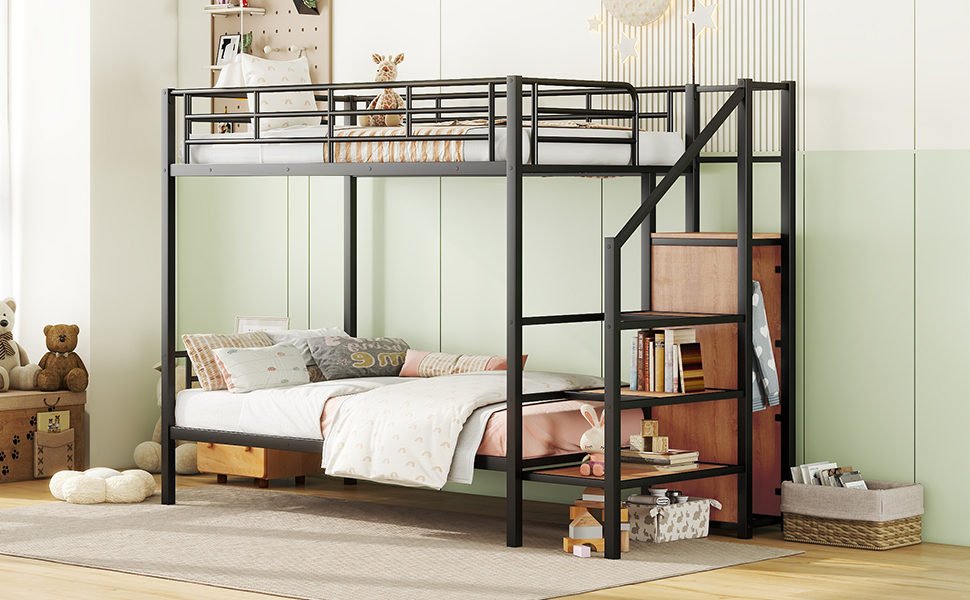 Metal Twin Over Twin Bunk Bed With Lateral Storage Ladder And Wardrobe 13 Metal Twin Over Twin Bunk Bed With Lateral Storage Ladder And Wardrobe
