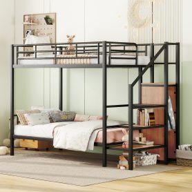 Metal Twin Over Twin Bunk Bed With Lateral Storage Ladder And Wardrobe