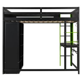 Full Size Wood Loft Bed with Desk, Open Wardrobe and RGB Light