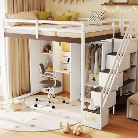 Full Size Loft Bed With Storage Staircase, Built-in Dressing Table, Wardrobe & Cabinets, USB Charging Ports And Lights
