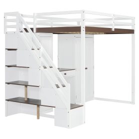 Full Size Loft Bed With Storage Staircase, Built-in Dressing Table, Wardrobe & Cabinets, USB Charging Ports And Lights