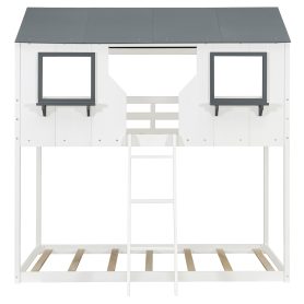 Wood Twin Over Twin Bunk Bed with Roof, Window, Guardrail, Ladder
