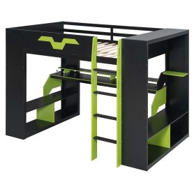 Full Size Wood Loft Bed with Power Outlet & USB/Type-C Ports, Integrated Cable Management, and RGB Light