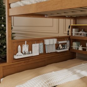 Full XL over Queen Bunk Bed with Integrated Shelving, Color-Changing Lights and Pegboard