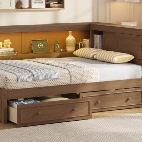 Full Size Wood Daybed with Storage Shelves, USB, LED, and 2 Drawers
