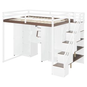 Full Size Loft Bed With Storage Staircase, Built-in Dressing Table, Wardrobe & Cabinets, USB Charging Ports And Lights