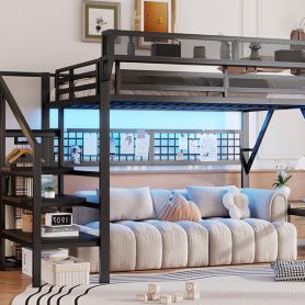 Metal Queen Size High Loft Bed With Stairs, Light And Storage