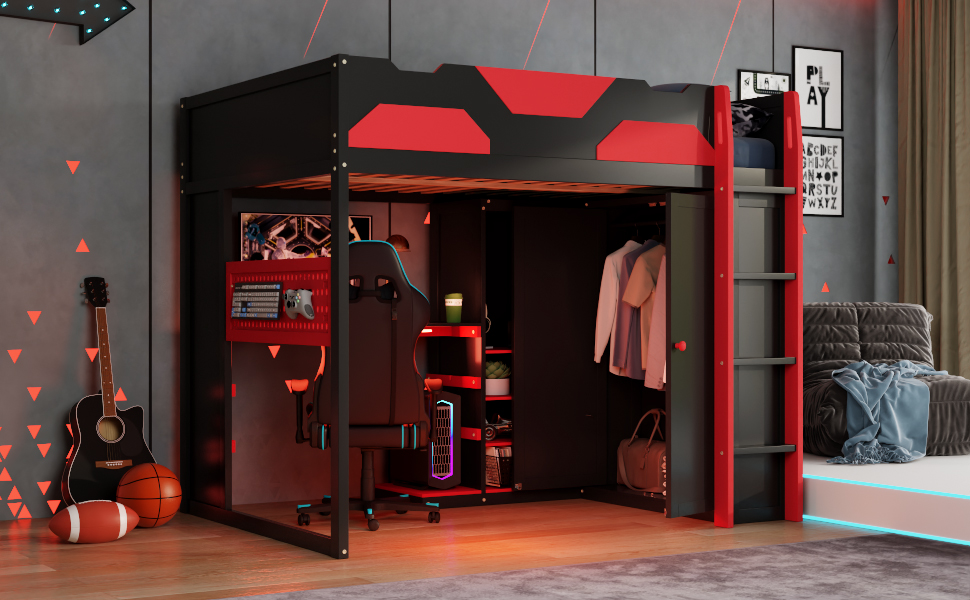 Full Size Wood Loft Bed with Desk, Multi-storage Shelves,USB and RGB Light 22 Full Size Wood Loft Bed with Desk, Multi-storage Shelves,USB and RGB Light