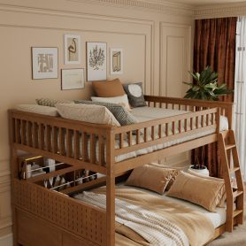 Full XL over Queen Bunk Bed with Integrated Shelving, Color-Changing Lights and Pegboard