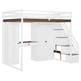 Full Size Loft Bed With Storage Staircase, Built-in Dressing Table, Wardrobe & Cabinets, USB Charging Ports And Lights