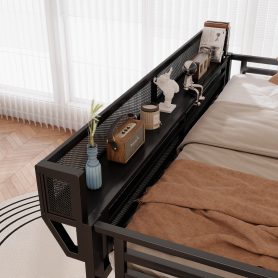 Metal Queen Size High Loft Bed With Stairs, Light And Storage