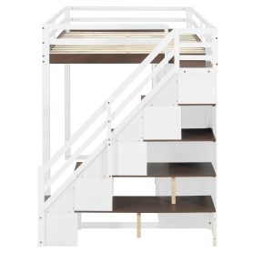 Full Size Loft Bed With Storage Staircase, Built-in Dressing Table, Wardrobe & Cabinets, USB Charging Ports And Lights