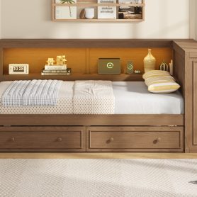 Full Size Wood Daybed with Storage Shelves, USB, LED, and 2 Drawers