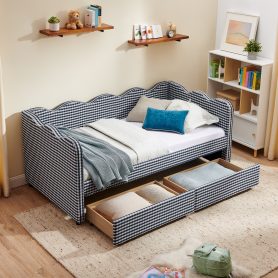 Home 35 Twin Size Daybed With Two Storage Drawers, USB Port And Adorable Wave Shaped